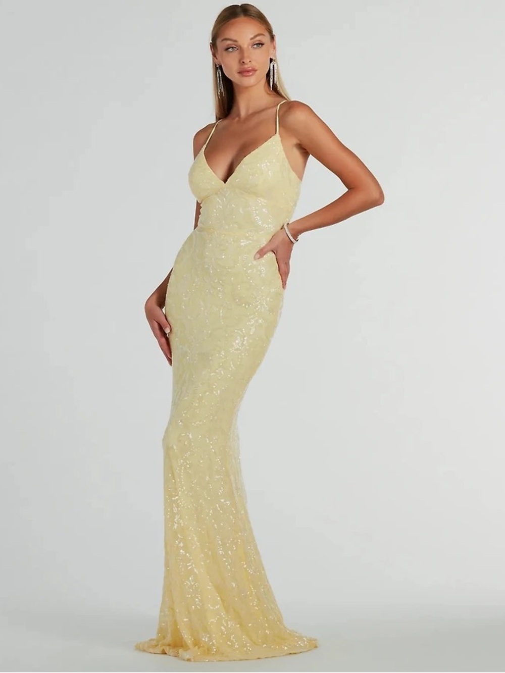 Windsor Yellow Sequin Spaghetti-Strap Maxi Gown